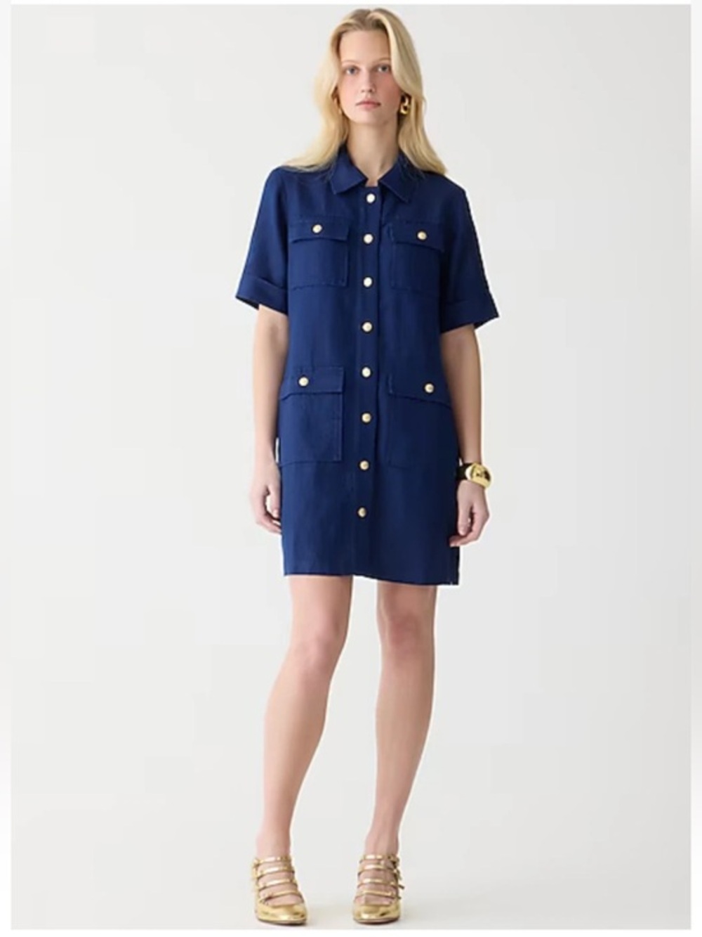 J.Crew Gamine 100% Linen Utility SS Shirtdress Navy Blue Gold Buttons Preppy 14